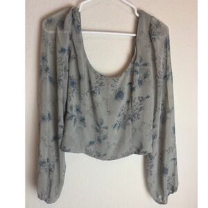 House of Harlow 1960 Floral Bishop Sleeve Crop Top Grey Blue M 1251635